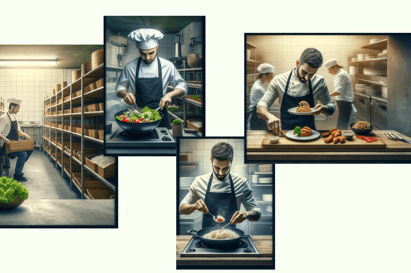 Four-image sequence showing a man's culinary career progression from pantry worker to chef